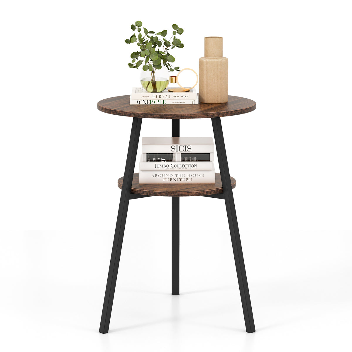 2-Tier Wooden Round Side Table with Storage Shelf-Brown