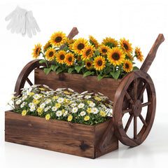 2-Tier Wooden Wagon Planter Box Decorative Raised Garden Bed with Wheels-Coffee