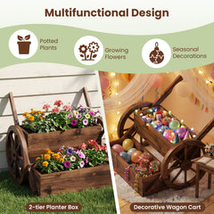 2-Tier Wooden Wagon Planter Box Decorative Raised Garden Bed with Wheels-Coffee
