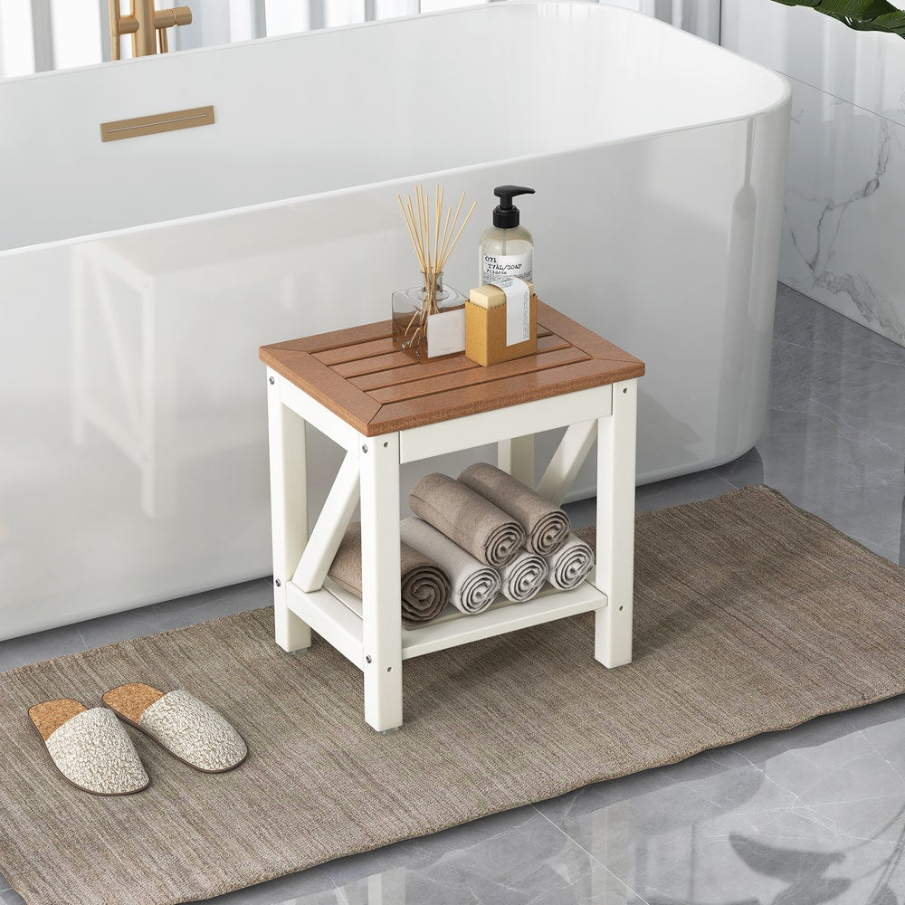 2-Tier Waterproof Shower Bench with Storage Shelf in Brown