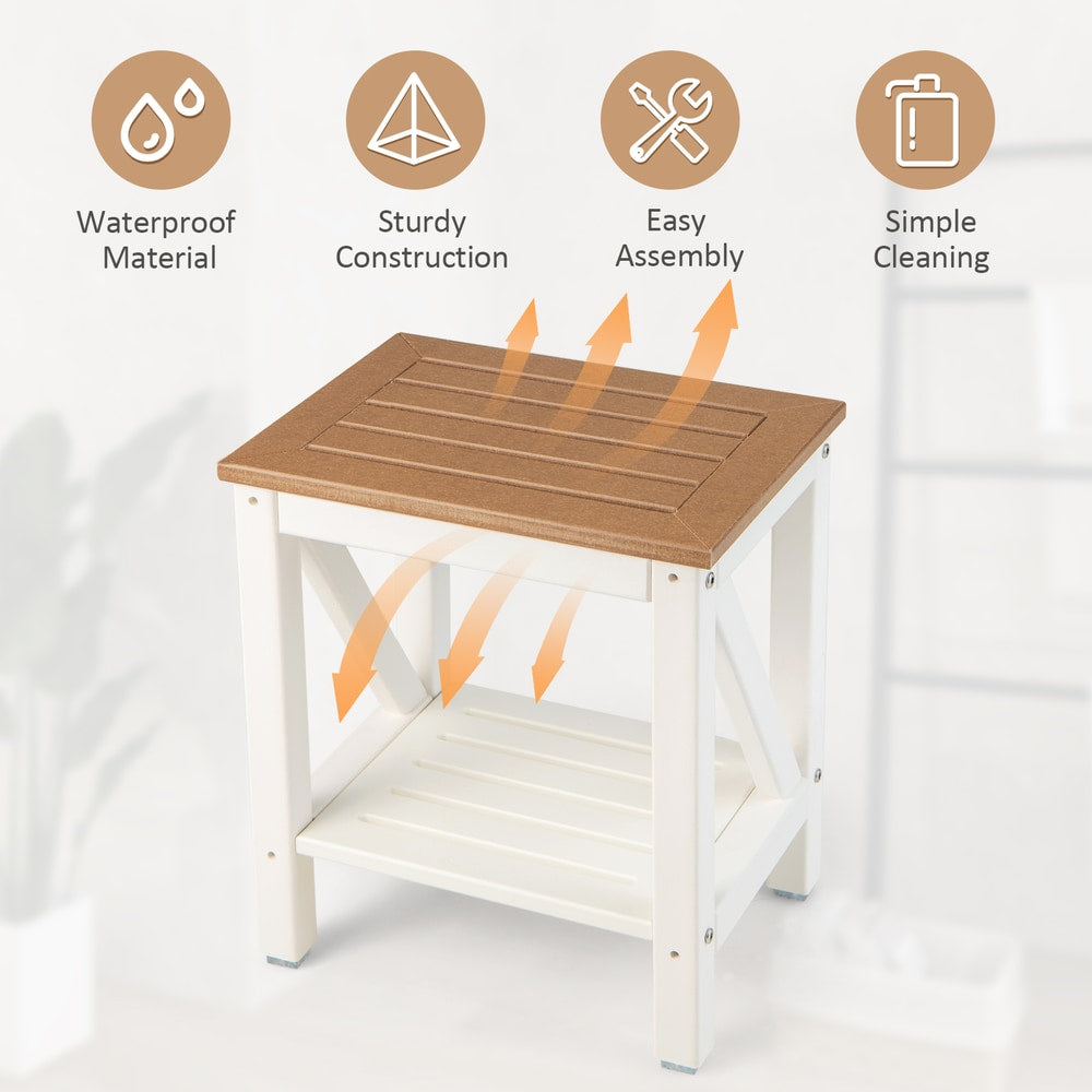 2-Tier Waterproof Shower Bench with Storage Shelf in Brown