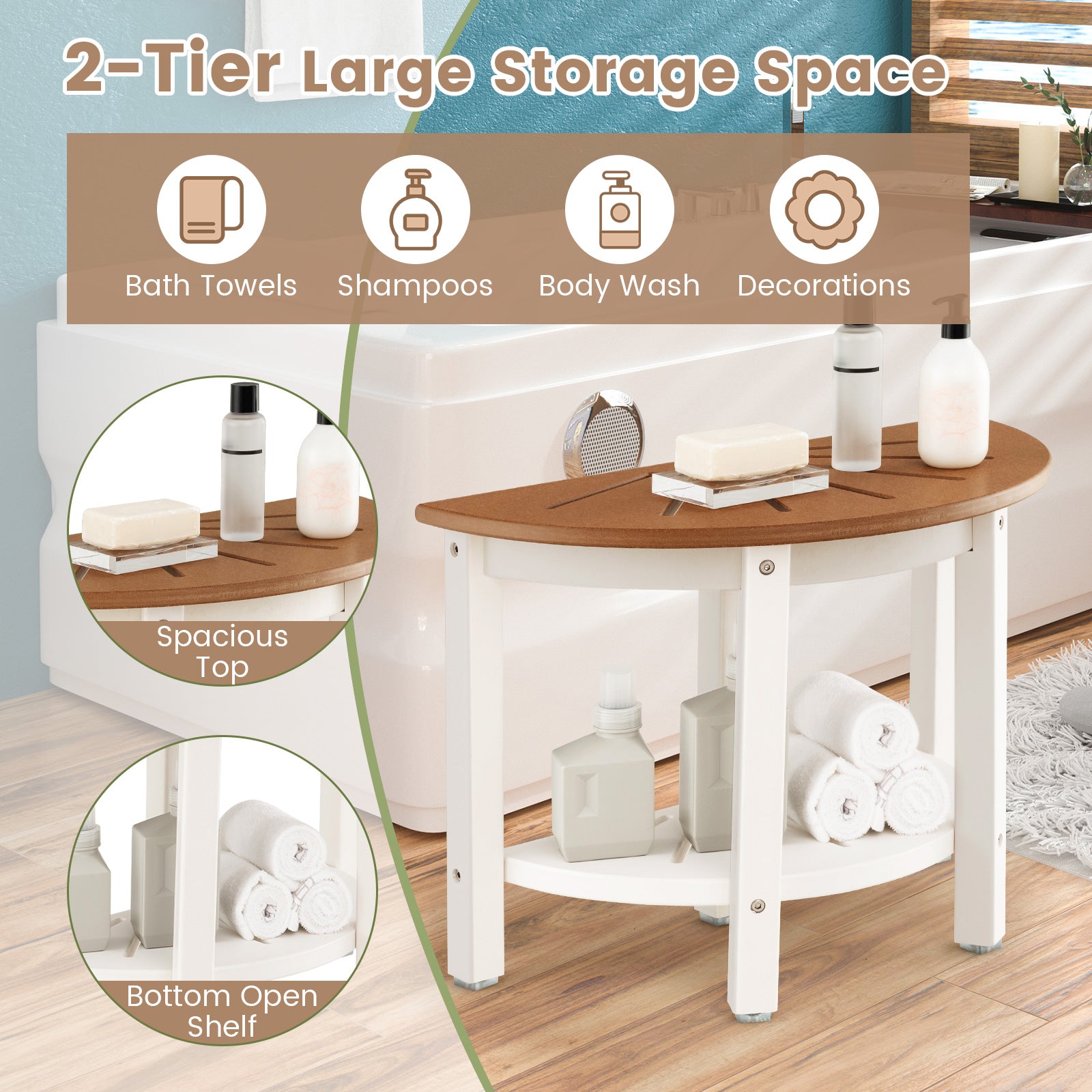 2-Tier HDPE Bath Spa Bench Seat with Storage Shelf and Non-slip Foot Pads-Brown