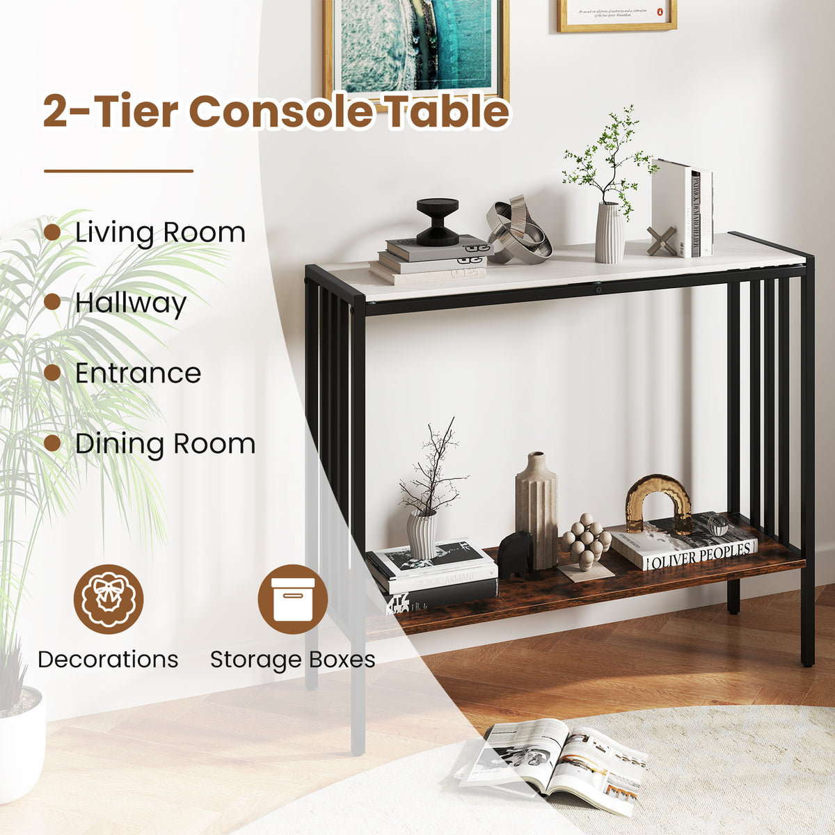 90 CM 2-Tier Industrial Console Foyer Table with Sintered Stone Tabletop