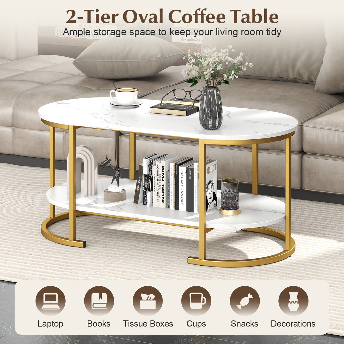 2-Tier Oval Coffee Table with Storage and Faux Marble Top-White