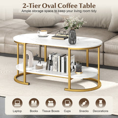 2-Tier Oval Coffee Table with Storage and Faux Marble Top-White
