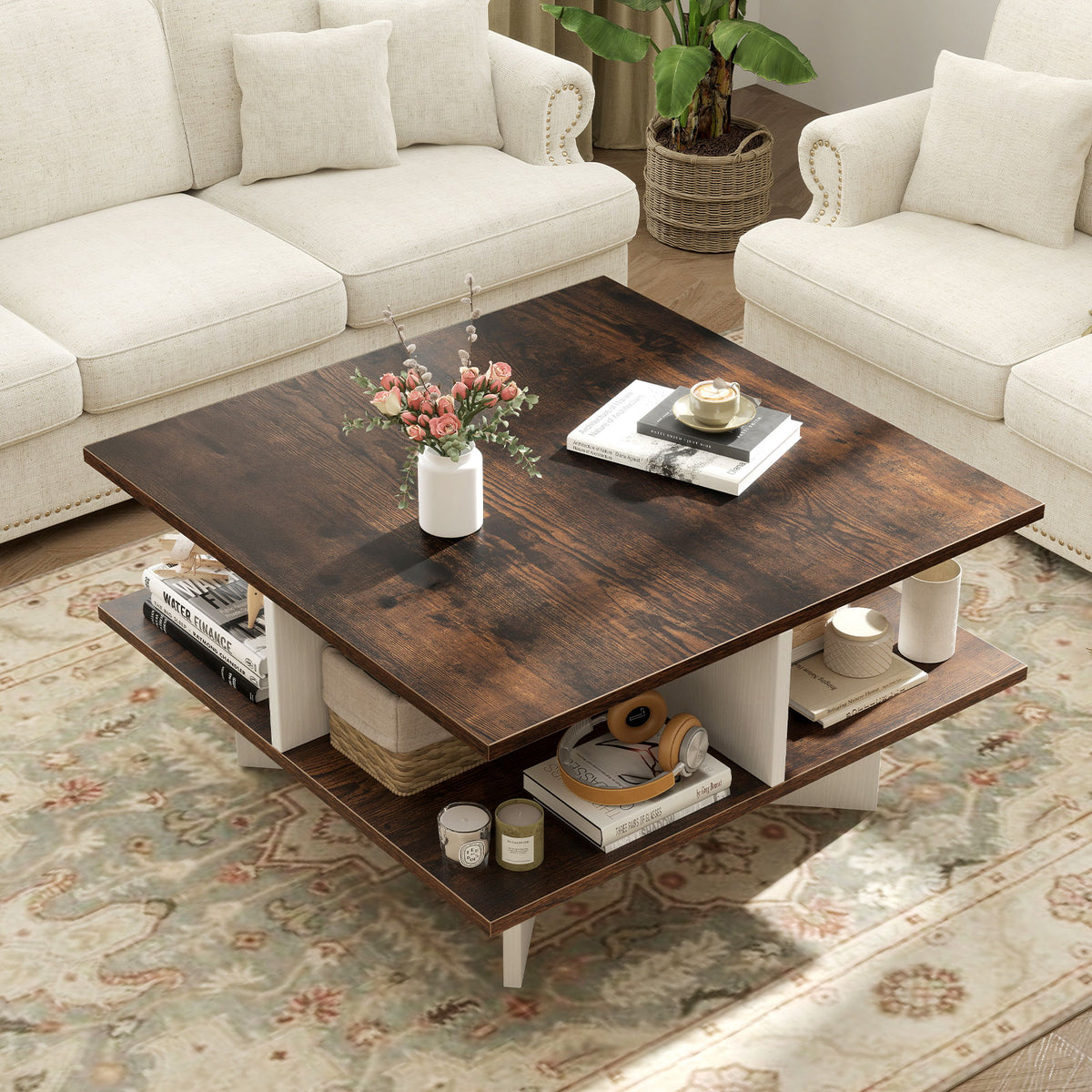 2-Tier Square Coffee Table with 4 Storage Compartments and Cross-shape Base-Coffee