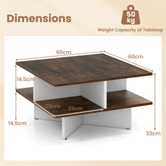 2-Tier Square Coffee Table with 4 Storage Compartments and Cross-shape Base-Coffee