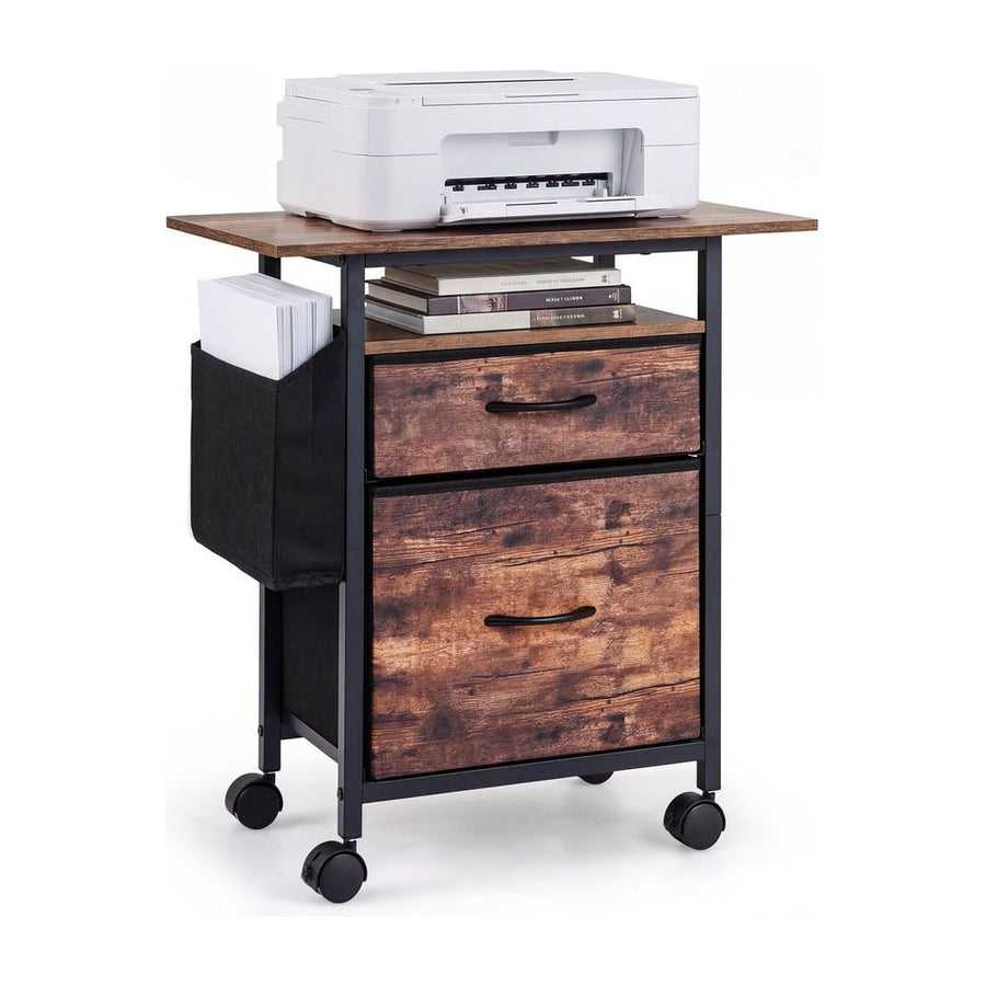 2-Drawer Mobile File Cabinet with Extended Tabletop and Rolling Printer Stand-Brown