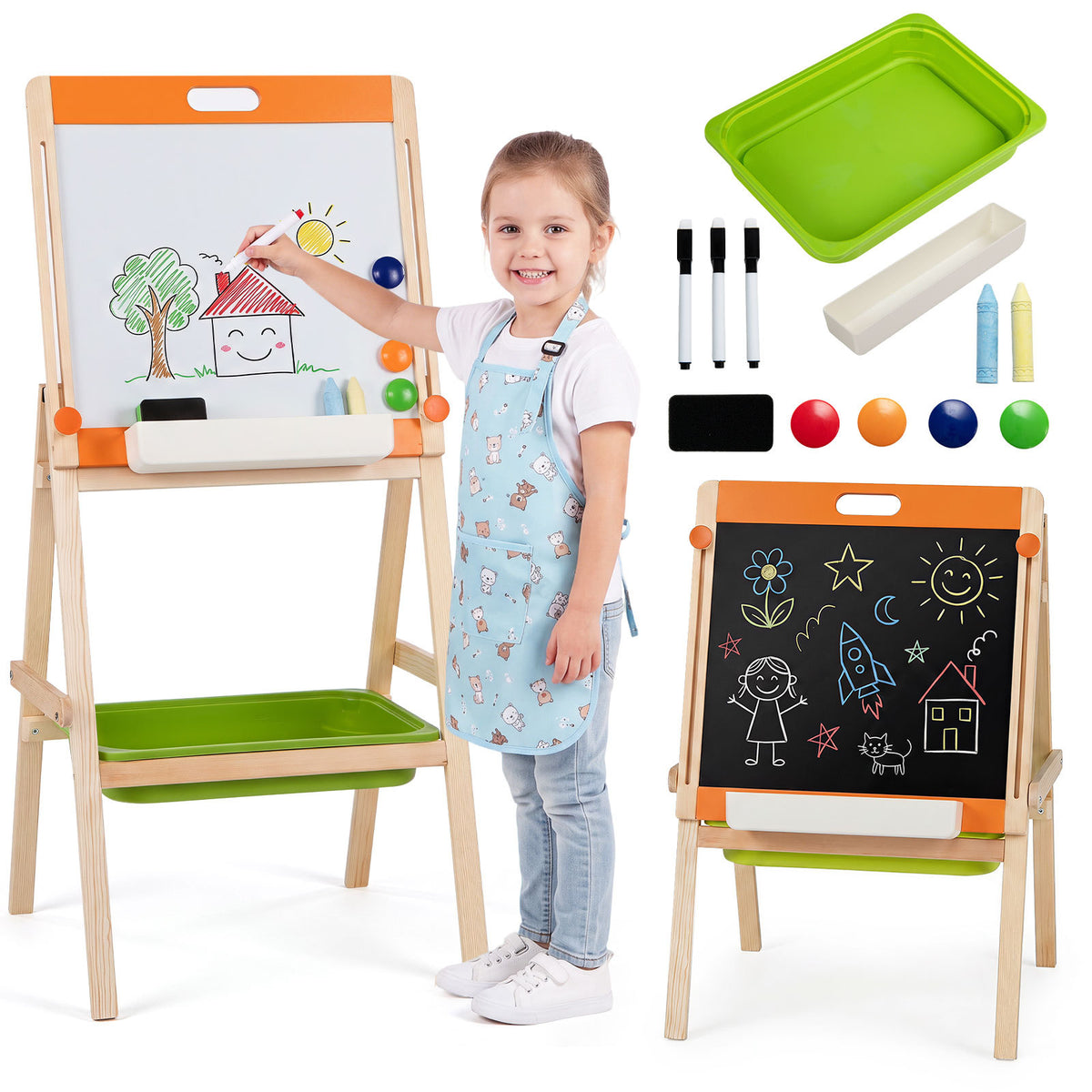 2-in-1 Art Easel for Kids with Magnetic Whiteboard & Blackboard for Ages 3+-Colourful