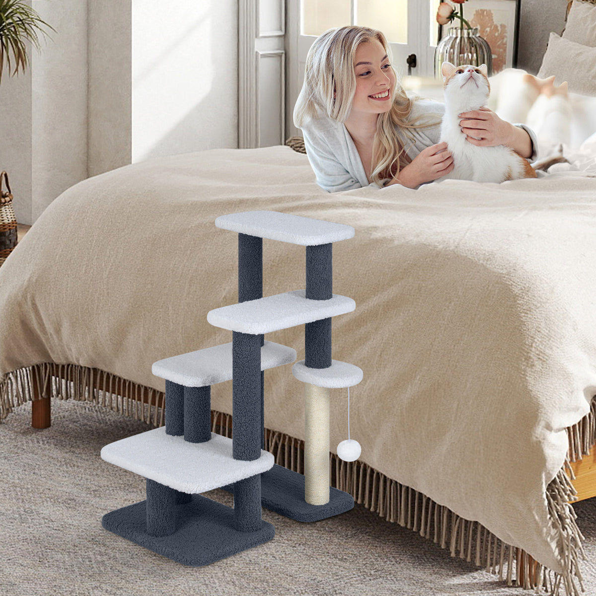 2-in-1 Cat Tree Tower Pet Steps with Sisal Scratching Post 3 Large Platforms-Grey
