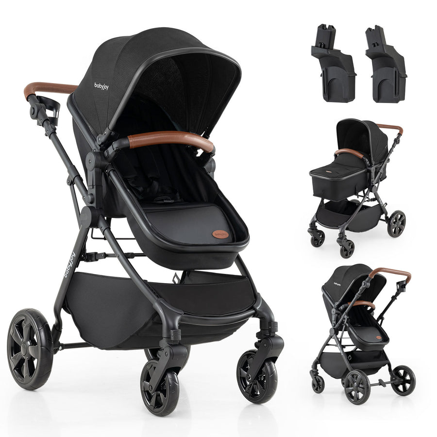 2-in-1 Convertible Baby Stroller with Car Seat Adapters High Landscape Folding Newborn Pram Stroller-Black