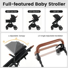 The baby stroller demonstrating adjustable seat angles, canopy positions and handlebar height
