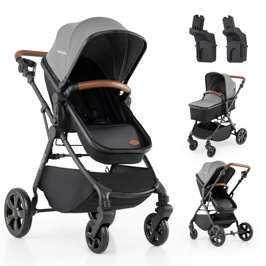 2-in-1 Convertible Baby Stroller with Car Seat Adapters High Landscape Folding Newborn Pram Stroller-Gray