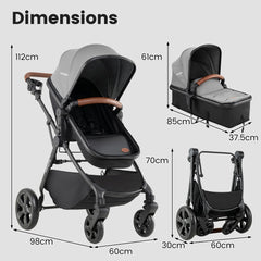 Dimensions diagram of the grey convertible baby stroller and its bassinet