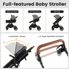 Adjustable canopy and handlebar on the convertible baby stroller