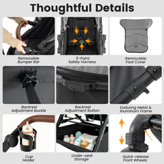 Close-ups of the convertible baby stroller's removable bumper bar, harness, foot cover, and storage