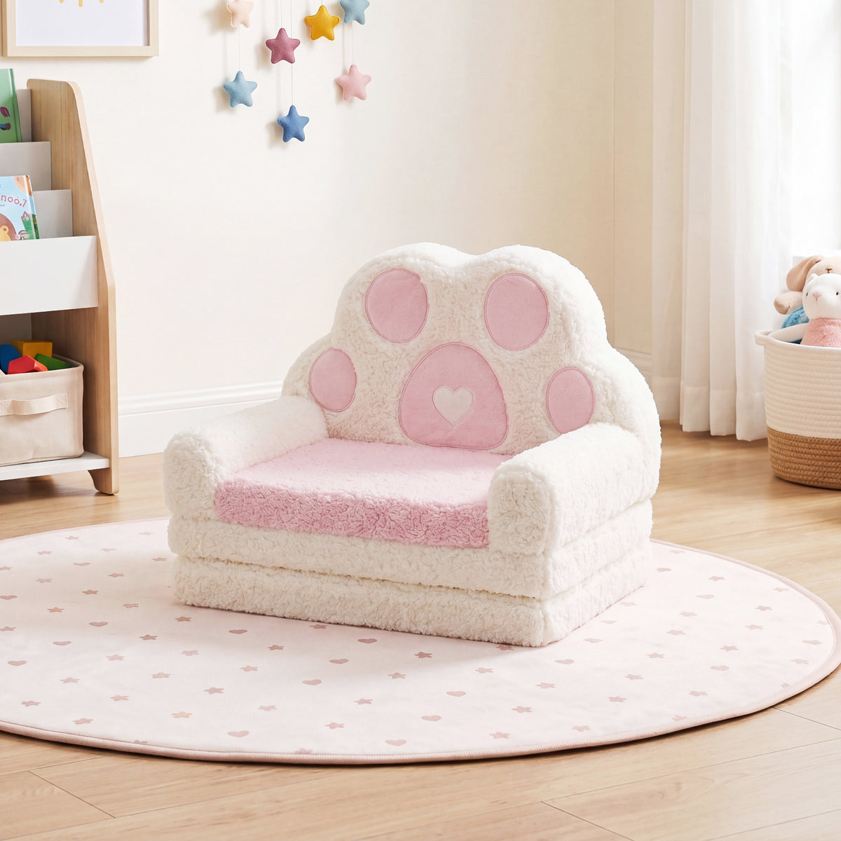 2-in-1 Convertible Kids Sofa to Lounger with Removable Cover and Bear's Paw Patterns-Pink