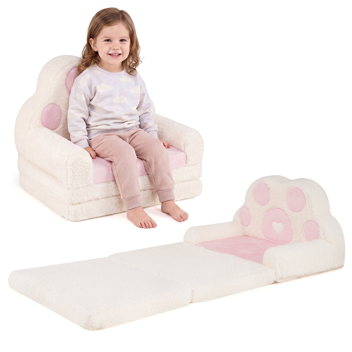 2-in-1 Convertible Kids Sofa to Lounger with Removable Cover and Bear's Paw Patterns-Pink