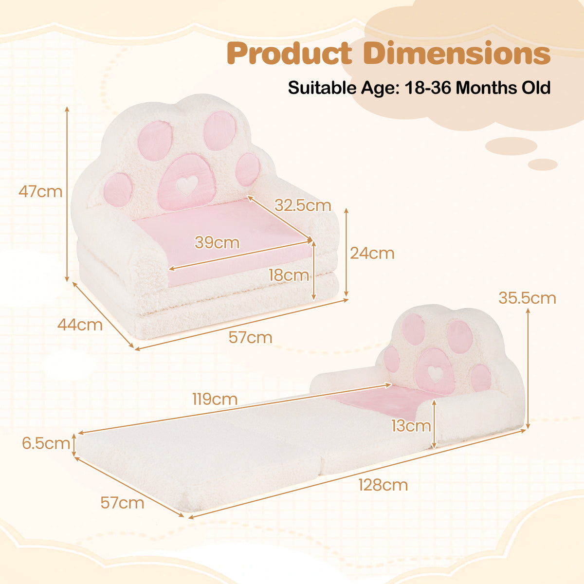 2-in-1 Convertible Kids Sofa to Lounger with Removable Cover and Bear's Paw Patterns-Pink