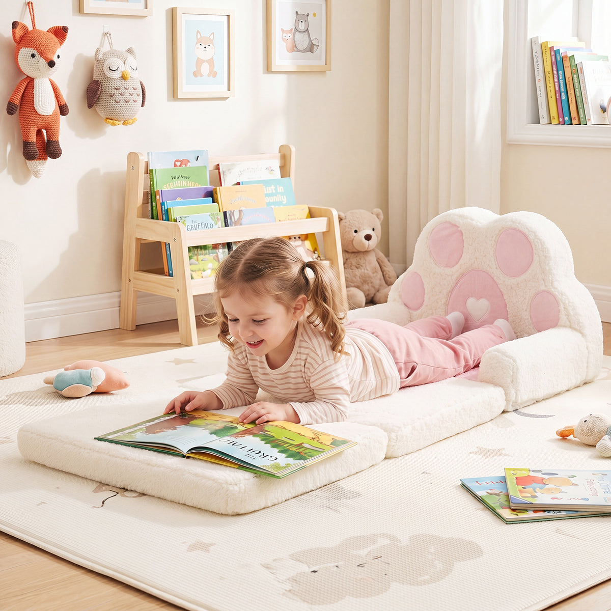 2-in-1 Convertible Kids Sofa to Lounger with Removable Cover and Bear's Paw Patterns-Pink