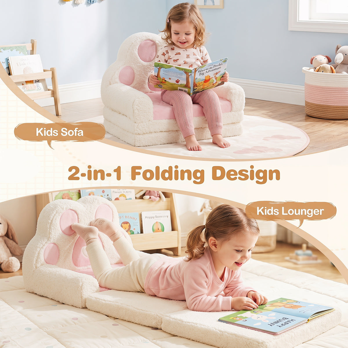 2-in-1 Convertible Kids Sofa to Lounger with Removable Cover and Bear's Paw Patterns-Pink