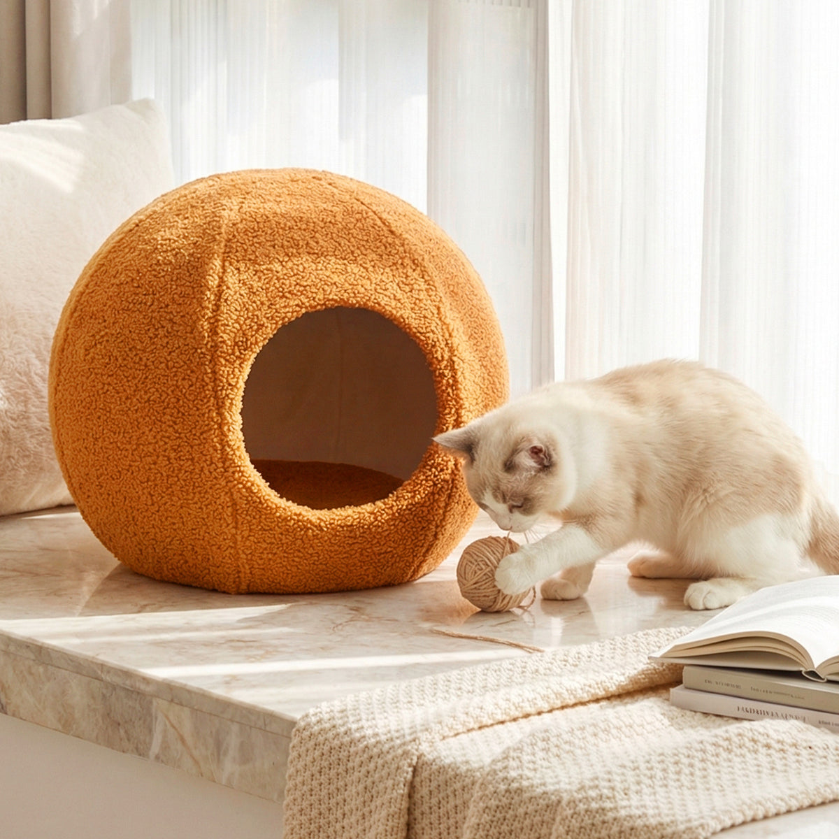2-in-1 Cute Snail-Shaped Kitten Bed Cave with Removable Washable Cushion Soft Plush and Non-Slip Bottom-Brown
