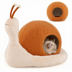 2-in-1 Cute Snail-Shaped Kitten Bed Cave with Removable Washable Cushion Soft Plush and Non-Slip Bottom-Brown