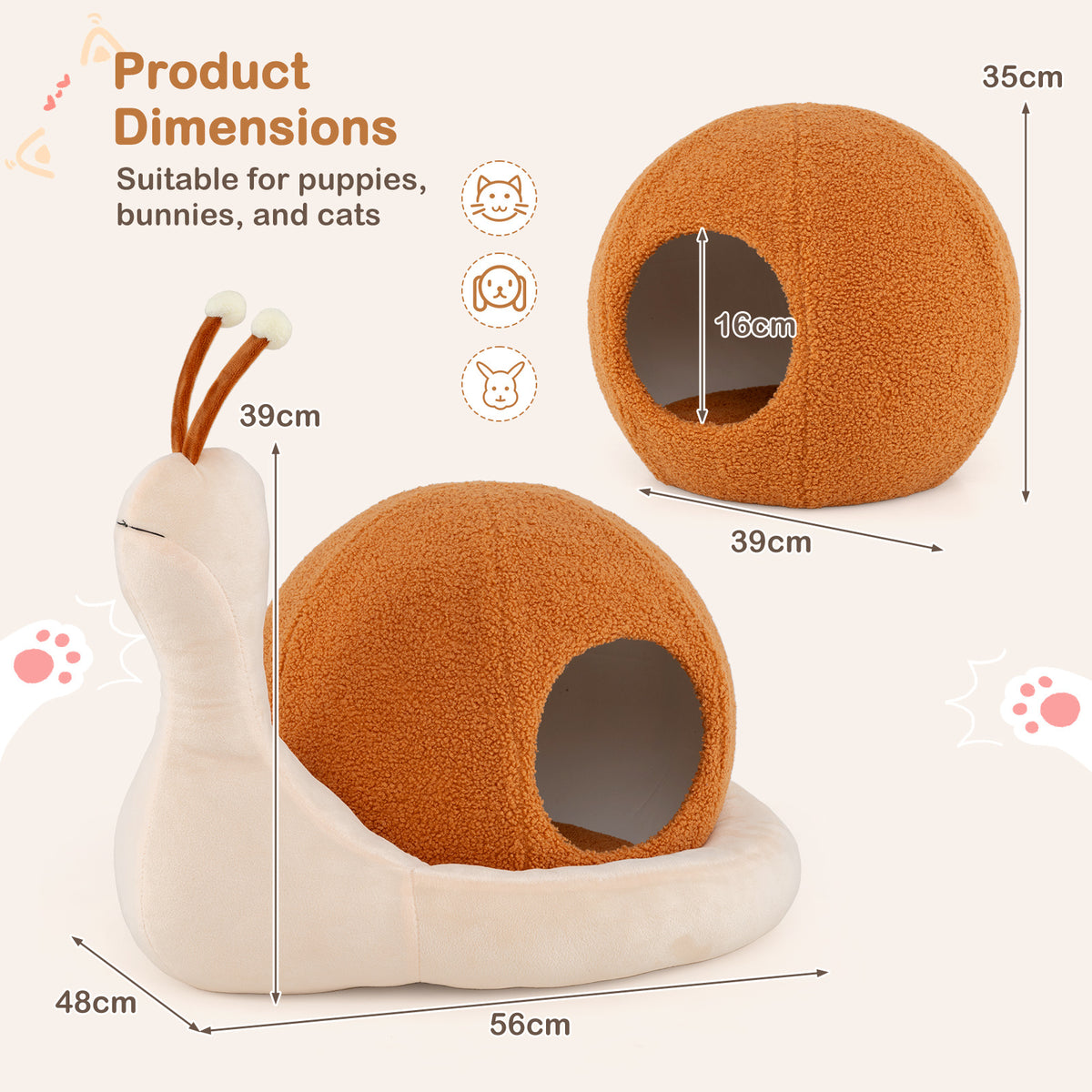 2-in-1 Cute Snail-Shaped Kitten Bed Cave with Removable Washable Cushion Soft Plush and Non-Slip Bottom-Brown