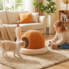2-in-1 Cute Snail-Shaped Kitten Bed Cave with Removable Washable Cushion Soft Plush and Non-Slip Bottom-Brown