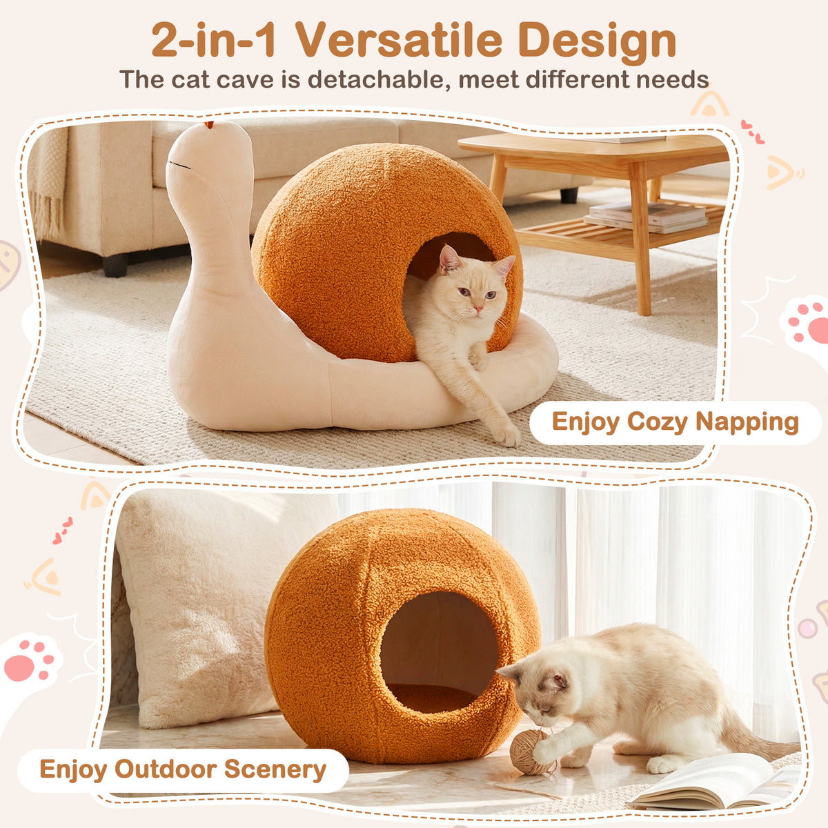 2-in-1 Cute Snail-Shaped Kitten Bed Cave with Removable Washable Cushion Soft Plush and Non-Slip Bottom-Brown