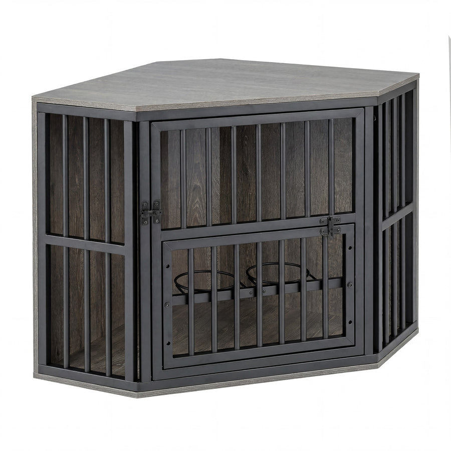 2-in-1 Dog Kennel and Decorative TV Stand with Dog Bowl Rack-Grey