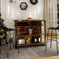2-in-1 Home Bar Unit with 4 Shelves and Glass Holders and Wine Racks-Rustic Brown