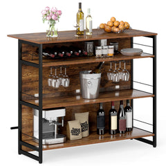2-in-1 Home Bar Unit with 4 Shelves and Glass Holders and Wine Racks-Rustic Brown