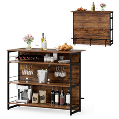 2-in-1 Home Bar Unit with 4 Shelves and Glass Holders and Wine Racks-Rustic Brown