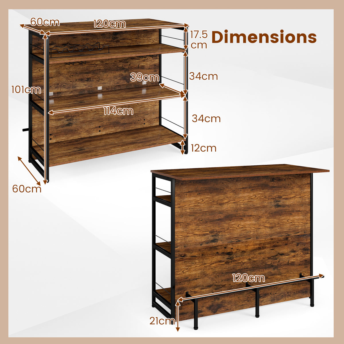 2-in-1 Home Bar Unit with 4 Shelves and Glass Holders and Wine Racks-Rustic Brown
