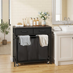 2-in-1 Laundry Basket Organizer with 3 Sections and Wheels for Bath-Black
