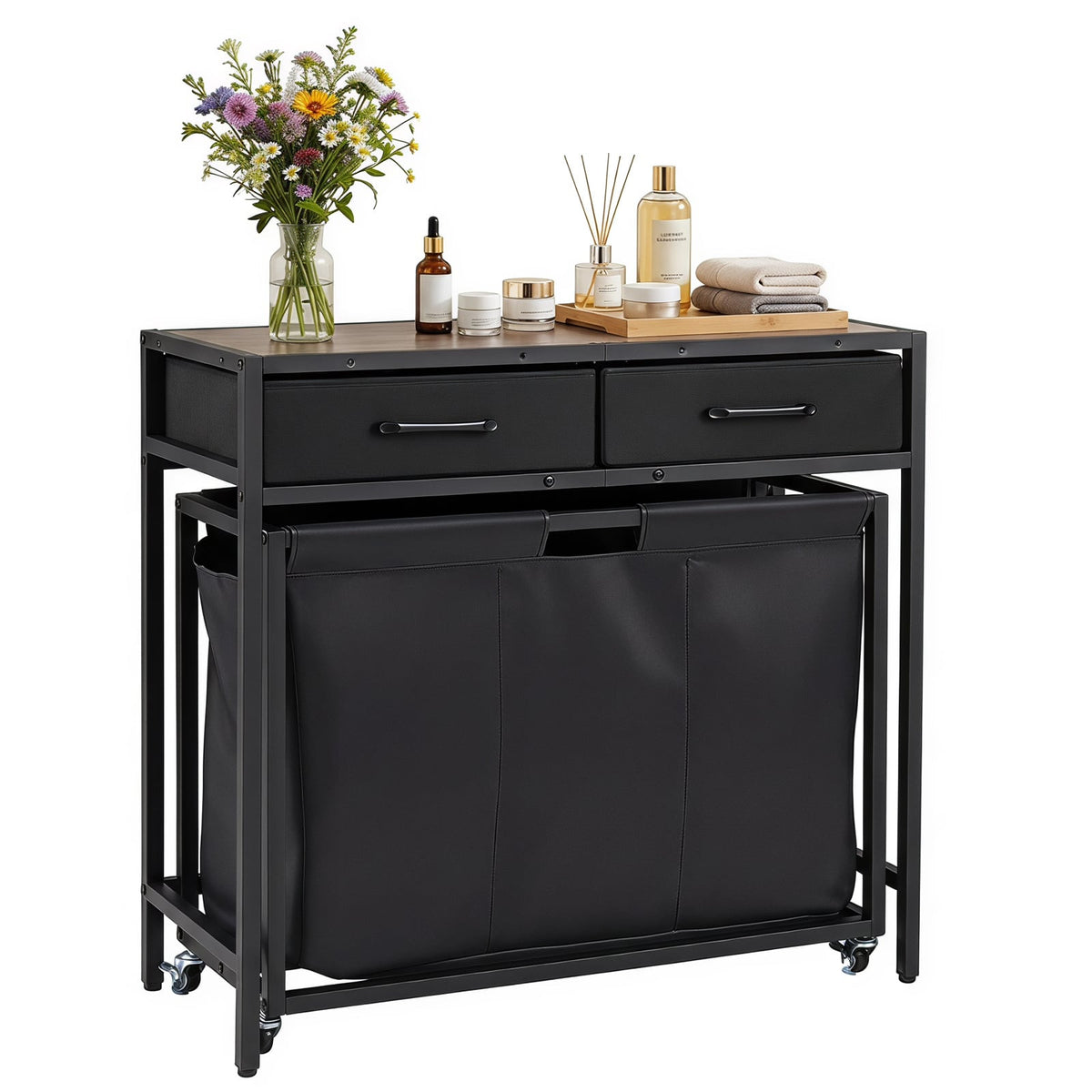 2-in-1 Laundry Basket Organizer with 3 Sections and Wheels for Bath-Black