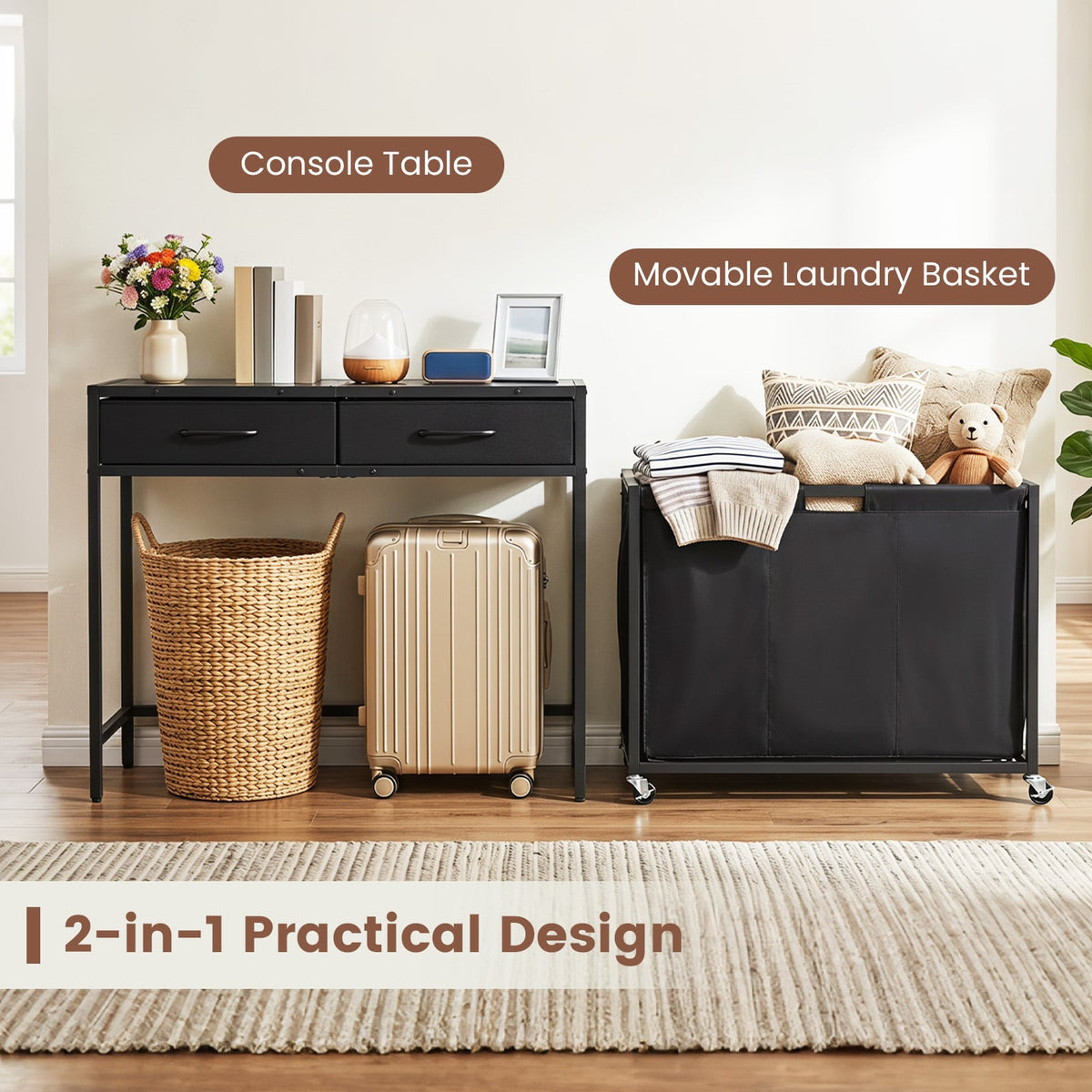 2-in-1 Laundry Basket Organizer with 3 Sections and Wheels for Bath-Black