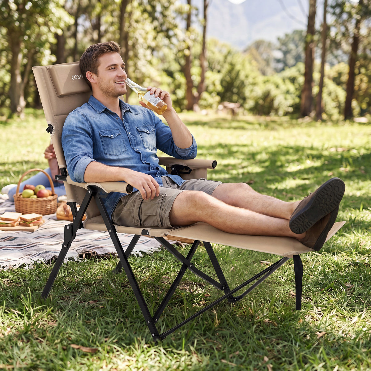 2-in-1 Reclining Camping Chair with Footrest Folding Portable Beach Lounge Chair-Khaki