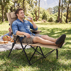 2-in-1 Reclining Camping Chair with Footrest Folding Portable Beach Lounge Chair-Khaki