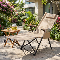 2-in-1 Reclining Camping Chair with Footrest Folding Portable Beach Lounge Chair-Khaki