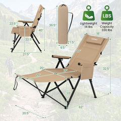 2-in-1 Reclining Camping Chair with Footrest Folding Portable Beach Lounge Chair-Khaki