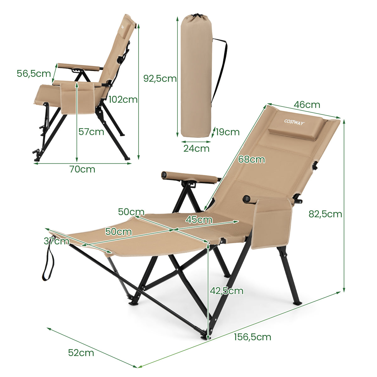 2-in-1 Reclining Camping Chair with Footrest Folding Portable Beach Lounge Chair-Khaki