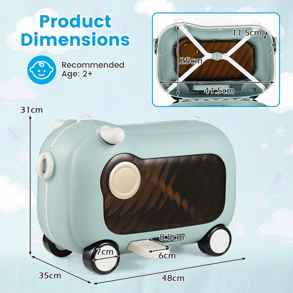 The kids luggage shown with various measurements and an open interior view
