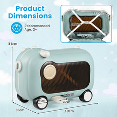 The kids luggage shown with various measurements and an open interior view