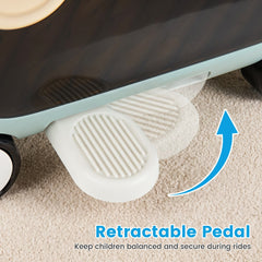 The kids luggage featuring a close-up of the retractable foot pedal