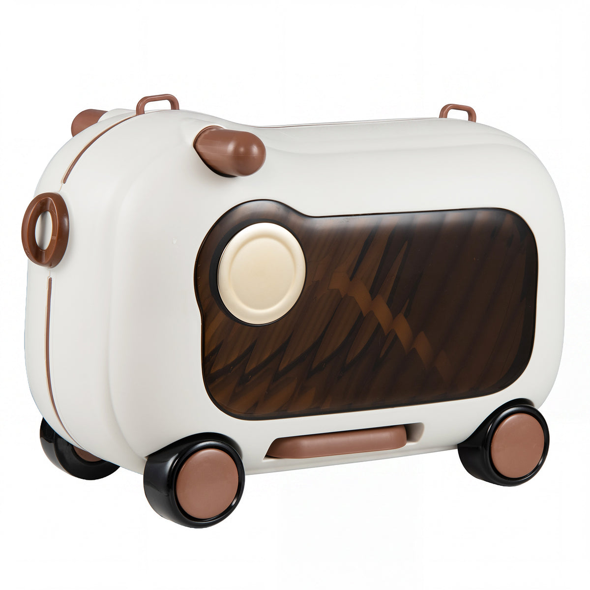 2-in-1 Ride-on Luggage for kids with retractable pedal and strap in brown