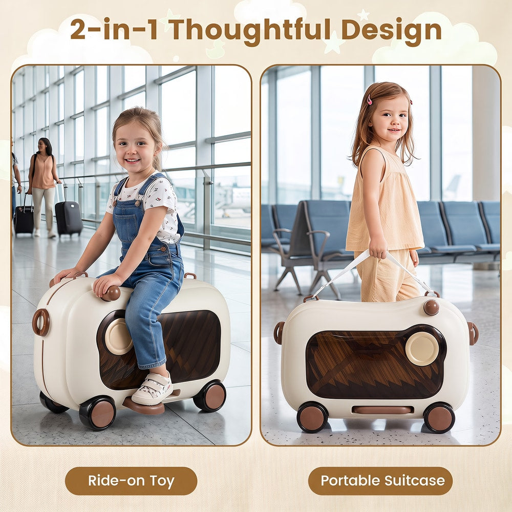 Comparison of the brown kids luggage as a ride-on toy and a portable suitcase