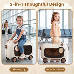 Comparison of the brown kids luggage as a ride-on toy and a portable suitcase