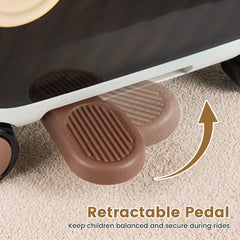 Close-up of the retractable pedal on the brown kids luggage